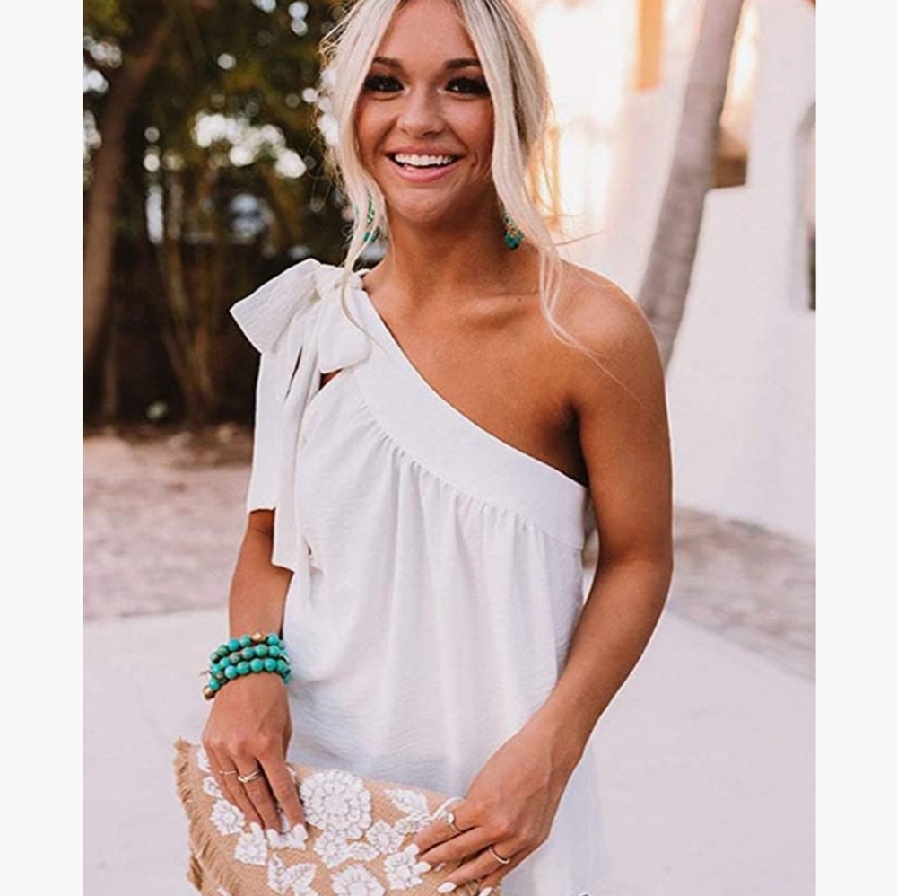 Asymmetrical tie knot shoulder white blouse by Guteidee XLARGE